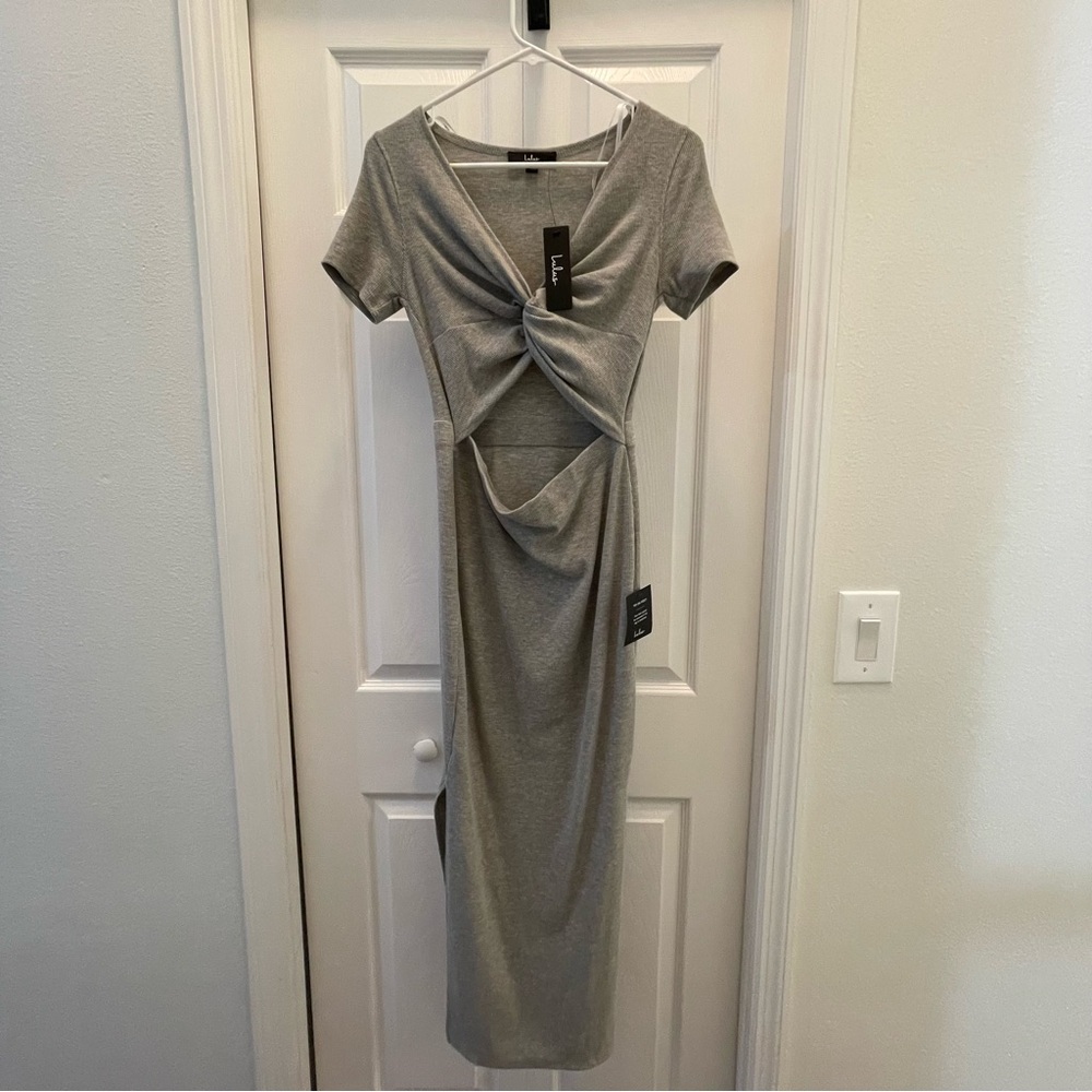 Lulu’s Heather Grey Twist Front Cutout Midi Dress Small - Picture 3 of 6